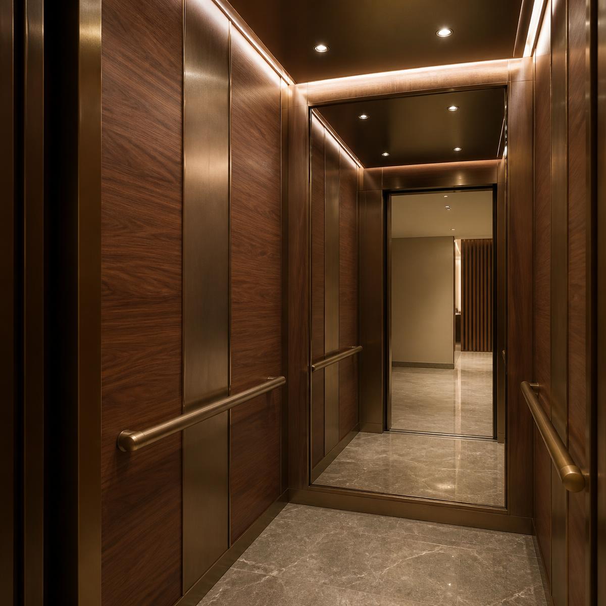 Liftcabine met houtlook wandpanelen en spiegel