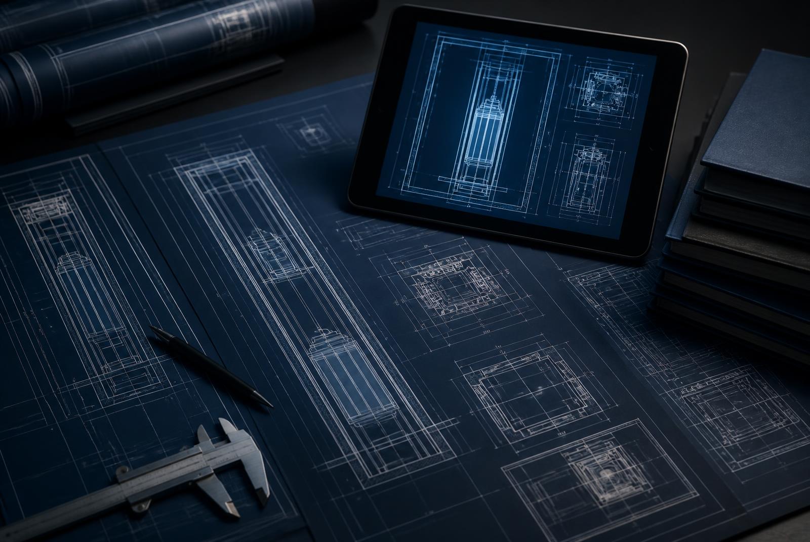 Technische liftdocumentatie en projecttekeningen op een werktafel