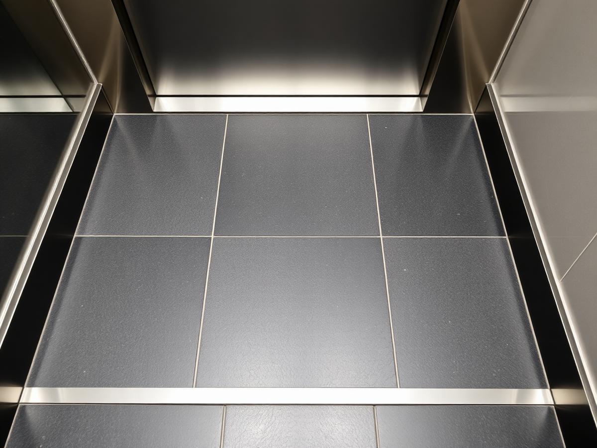 Cabinevloer met donkere steenlook tegels en RVS drempel