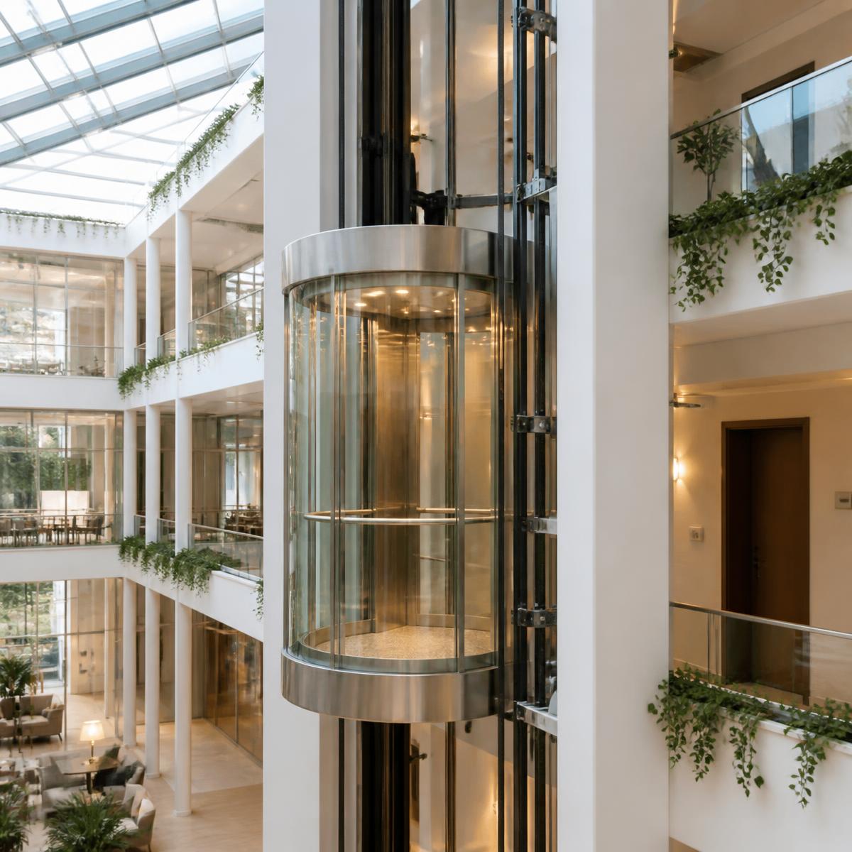 Glazen panoramalift in een hotelatrium